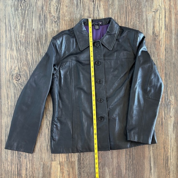 J.G. Hook Black Leather Jacket Womens Lg Button Front Purple Lined Classic Chic - Picture 4 of 15
